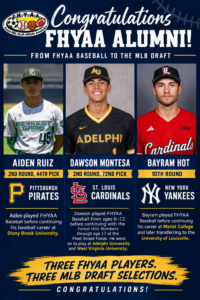 Baseball cards congratulating Ruiz, Montesa, and Hot - all of whom are FHYAA alums.